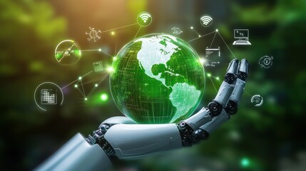 a robot is holding a globe with a lot of information on it