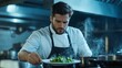 © fotogurmespb - Chef in a bustling kitchen, carefully plating a dish with intense focus, steam rising from cooking pots around