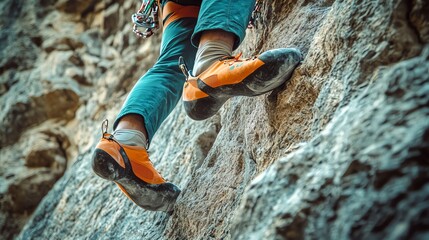 Poster - Close-up of a climber's feet on a rocky cliff face.