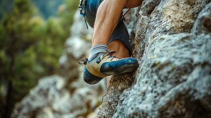 Poster - Close-up of a climber's feet on a rocky cliff face.