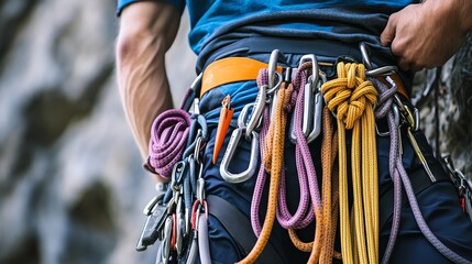 Wall Mural - Close-up of a rock climber wearing safety gear.