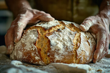 Close-up of Artisan Bread with Rustic Hands and Flour