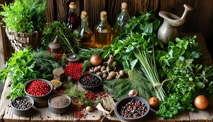 Rustic wooden table overflowing with fresh herbs, spices, and vibrant ingredients for a delightful woodland feast