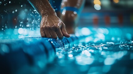 Poster - A swimmer's hand pushes off the starting block, entering the water.