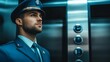 © fotogurmespb - Elevator operator in a classic uniform pressing floor buttons inside an old-fashioned elevator, vintage dials visible
