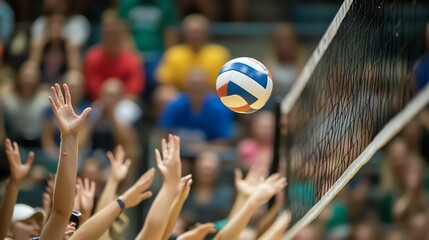 Sticker - A volleyball flies toward the net as players on the court reach for it.