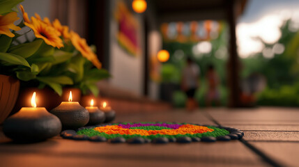 Canvas Print - Front porch of a house decorated with rangoli, oil lamps, and a welcome banner, children playing in the background 