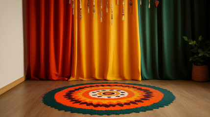 Wall Mural - Home decorated with hanging Diwali lights and colorful fabric drapes, with a large rangoli in the center 