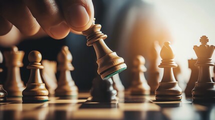 Poster - A hand moves a white chess piece, a king, to capture a black piece on a wooden chessboard.