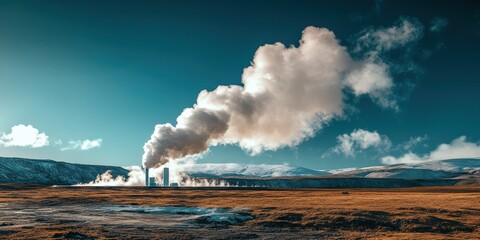 Geothermal plant emitting steam against a backdrop of blue sky and rocky landscape, showcasing nature and industry harmoniously.