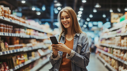 City girl smiling looking at the phone while shopping in a supermarket, casual outfit.