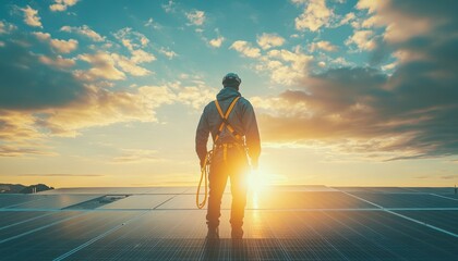 Solar panel technician stands on rooftops at sunset, symbolizing renewable energy and sustainable practices.