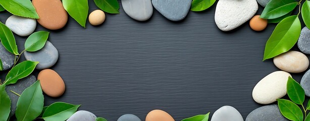 Poster - A serene arrangement of smooth stones and lush green leaves framing a dark surface, perfect for nature-themed designs or backgrounds.