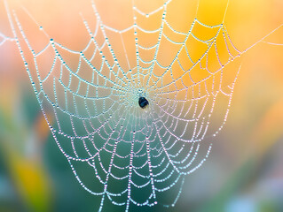 Close-up of a spider web with morning dew.


