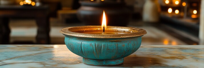 Clay Diya lamps lit during Indian Holiday Diwali, Hindu festival