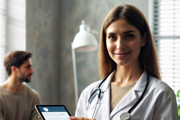 doctor in a clinic with tablet in hand and patient in the background