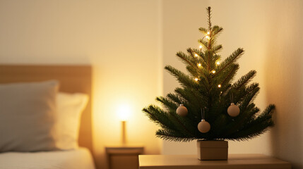 Canvas Print - Small, humble room with a tiny, sparse Christmas tree decorated with handmade paper ornaments and string lights 