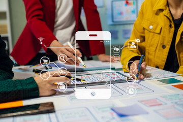 UX developer and ui designer brainstorming about mobile app interface wireframe design with customer breif and color code, User experience concept.