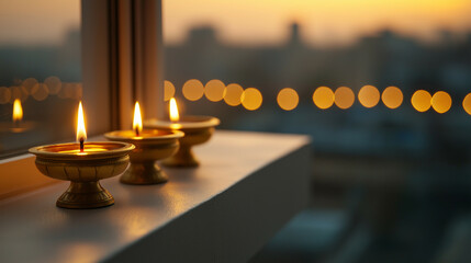 Wall Mural - Traditional brass oil lamps burning brightly on a windowsill, with decorative Diwali lights twinkling outside 