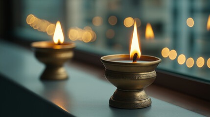 Sticker - Traditional brass oil lamps burning brightly on a windowsill, with decorative Diwali lights twinkling outside 