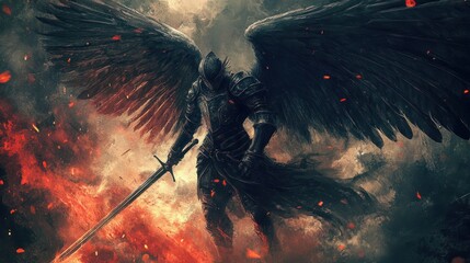 Dark angel warrior with large black wings and sword in front of a fire.