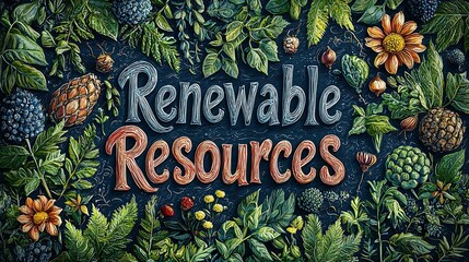 A vibrant and detailed illustration representing the theme of renewable resources, with lush foliage and various plant elements symbolizing sustainability and nature.