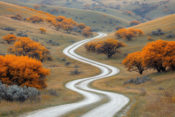 Wall Mural - A winding road in a field of trees with autumn leaves