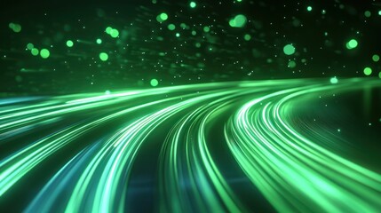 Wall Mural - Abstract green background with glowing lines and bokeh.