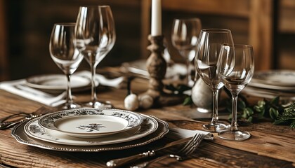 Elegant rustic dining setup for a special occasion with beautiful plates, silverware, and wine glasses