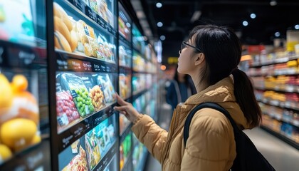 A woman shopping at a modern grocery store, examining fresh produce on a digital display with interest and curiosity.