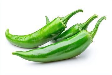 Fresh green peppers lined up in a close-up view, isolated on a clean white background, showcasing their natural shine and texture.