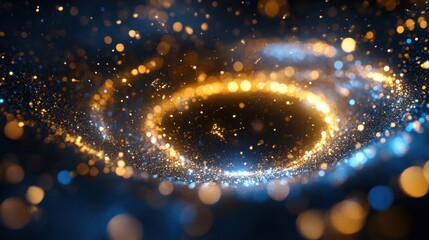 Canvas Print - Abstract blue and gold bokeh swirl on black background.