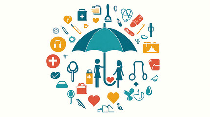 Wall Mural - Blue umbrella with icons representing health, medical, and life insurance.