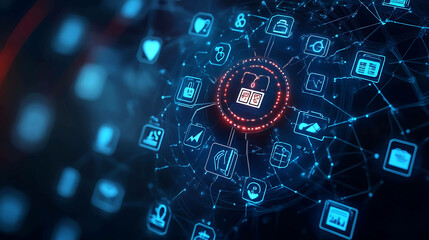 Abstract digital background with glowing icons and network connections.