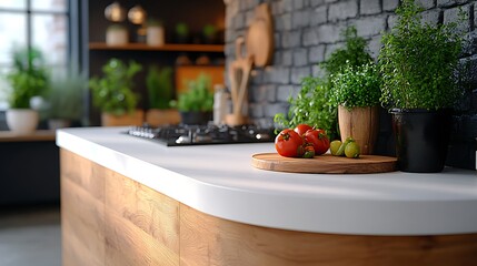 Wall Mural - A minimalist kitchen setup showcasing a curved edge countertop made of matte white laminate, offering a soft contrast against the darker cabinets