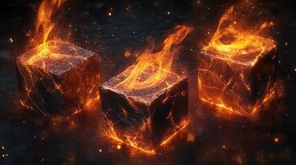 Poster - Three glowing, metallic cubes set ablaze by fire, set against a dark, textured background.