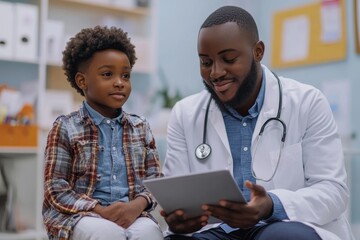 Wall Mural - Black kid and his pediatrician using digital tablet at doctor's office, Generative AI