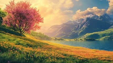 A scenic view of a lake surrounded by mountains and a blooming field with a tree in the foreground.