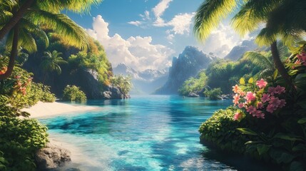 Wall Mural - Tropical paradise with lush green foliage and crystal clear blue water.