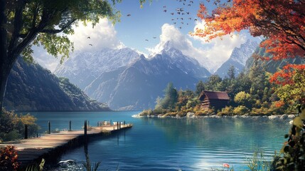 Wall Mural - Wooden dock leading to a cabin overlooking a calm lake and snow-capped mountains.