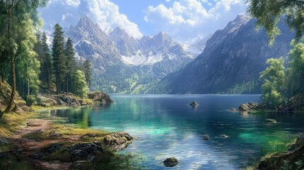 Wall Mural - A serene mountain lake surrounded by lush greenery and majestic peaks.