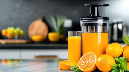 Fresh Orange Juice Maker with Sliced Oranges and Drink