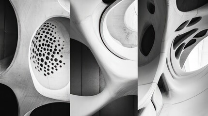 Leinwandbilder - Abstract close-up of a white, organic, and futuristic building with large round holes and a curved, architectural structure.