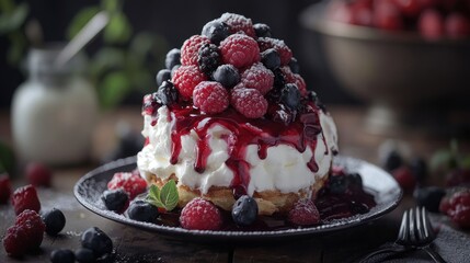 Close up of whipped cream dessert topped with blueberries and raspberries with red berry sauce on a black plate.