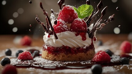 Wall Mural - Delicious dessert with raspberries and whipped cream, decorated with chocolate and a mint leaf, with powdered sugar and chocolate sauce on a wooden table.