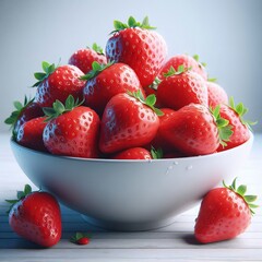 Wall Mural - A vibrant collection of ripe, red strawberries in a white bowl, standing out against a soft light background. The strawberries' fresh green leaves add a pop of color, enhancing the appeal of this