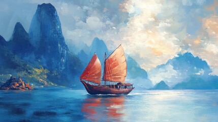 A traditional wooden boat with red sails glides across a serene blue lake with mountains in the background.