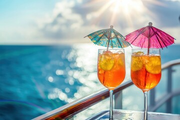 Vibrant tropical drinks with colorful straws and lemon garnish, set against a beautiful ocean view in bright sunlight.