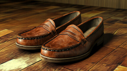 A pair of brown leather loafers on a wooden floor.