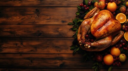 Wall Mural - Roasted turkey with oranges, grapes and blackberries on a dark wooden background.